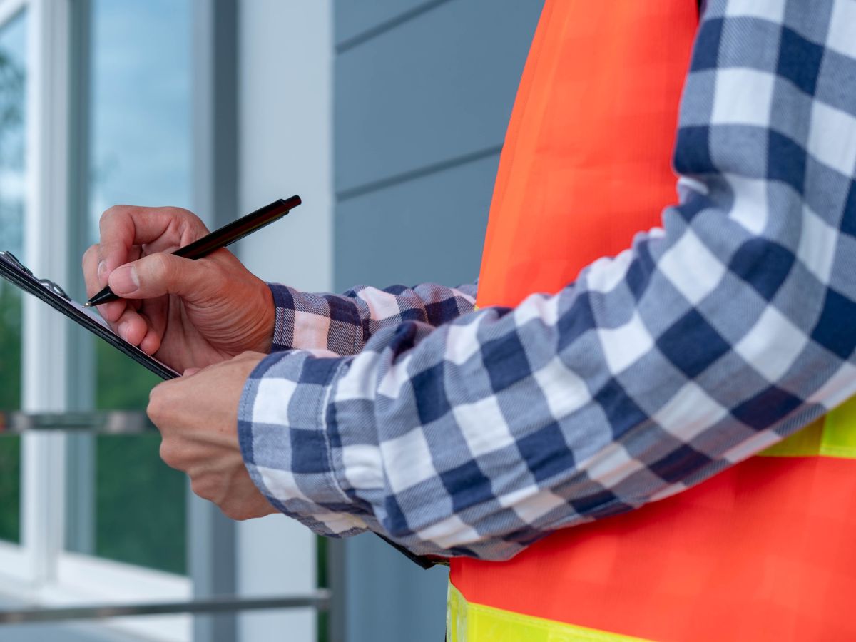 Contractor writing roof maintenance checklist